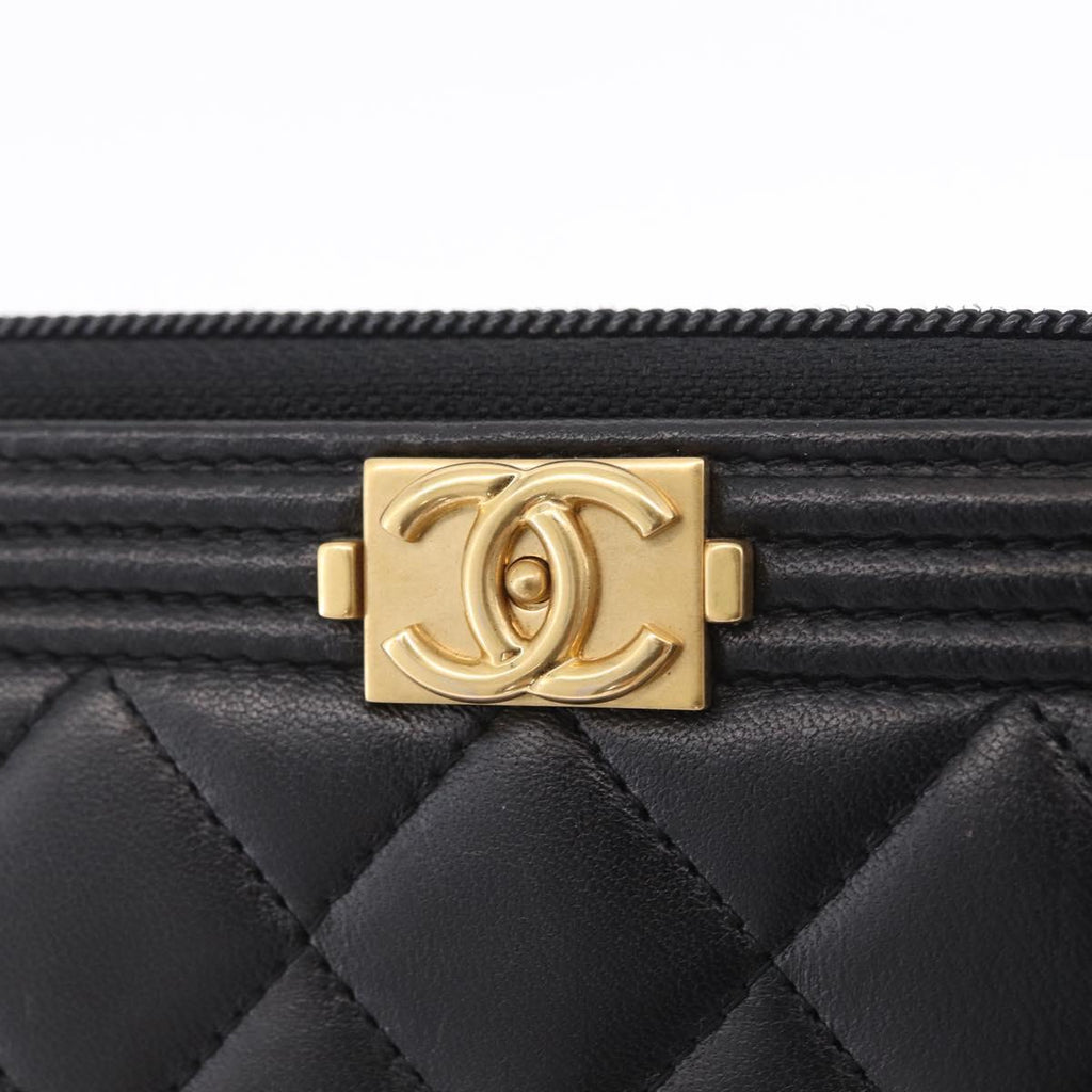 CHANEL Matelasse Boy Chanel Long Wallet Lamb Skin Black Gold CC Auth 210973M