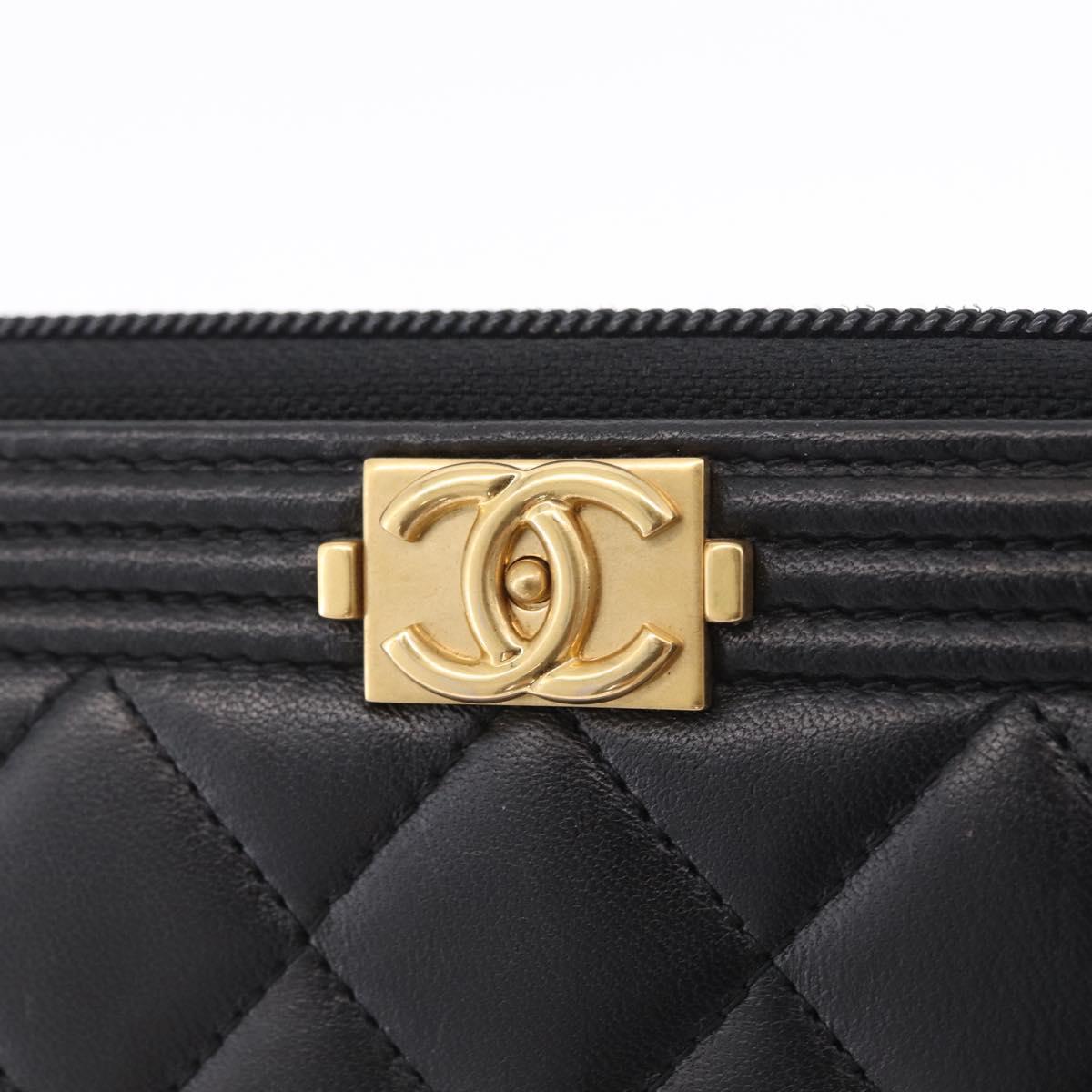 CHANEL Matelasse Boy Chanel Long Wallet Lamb Skin Black Gold CC Auth 210973M