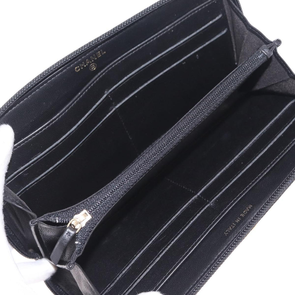 CHANEL Matelasse Boy Chanel Long Wallet Lamb Skin Black Gold CC Auth 210973M