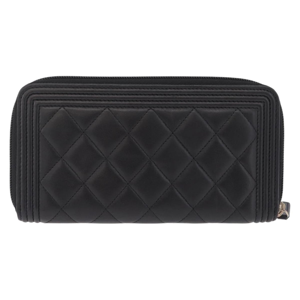 CHANEL Matelasse Boy Chanel Long Wallet Lamb Skin Black Gold CC Auth 210973M