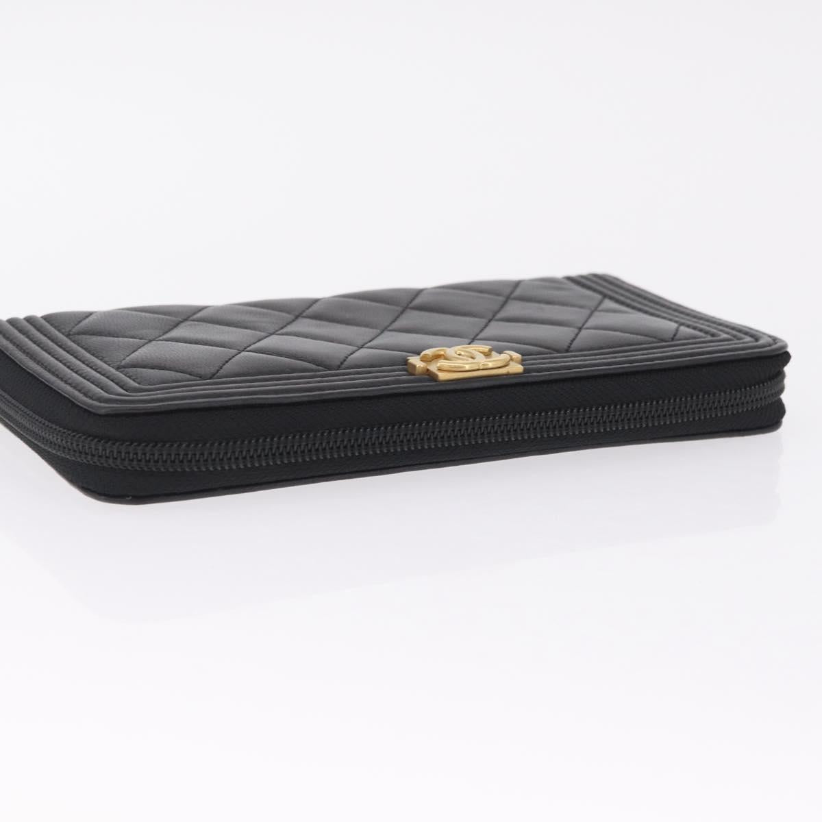 CHANEL Matelasse Boy Chanel Long Wallet Lamb Skin Black Gold CC Auth 210973M