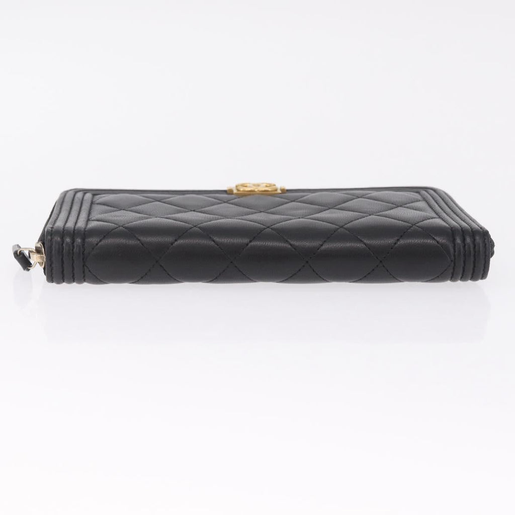 CHANEL Matelasse Boy Chanel Long Wallet Lamb Skin Black Gold CC Auth 210973M