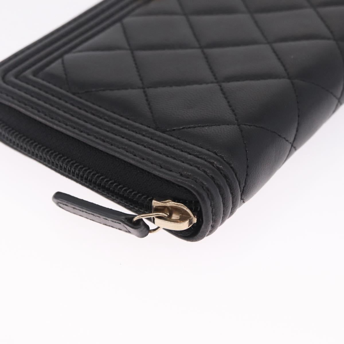 CHANEL Matelasse Boy Chanel Long Wallet Lamb Skin Black Gold CC Auth 210973M