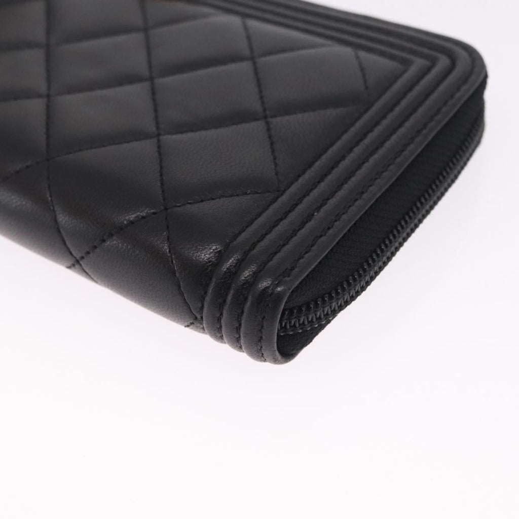 CHANEL Matelasse Boy Chanel Long Wallet Lamb Skin Black Gold CC Auth 210973M