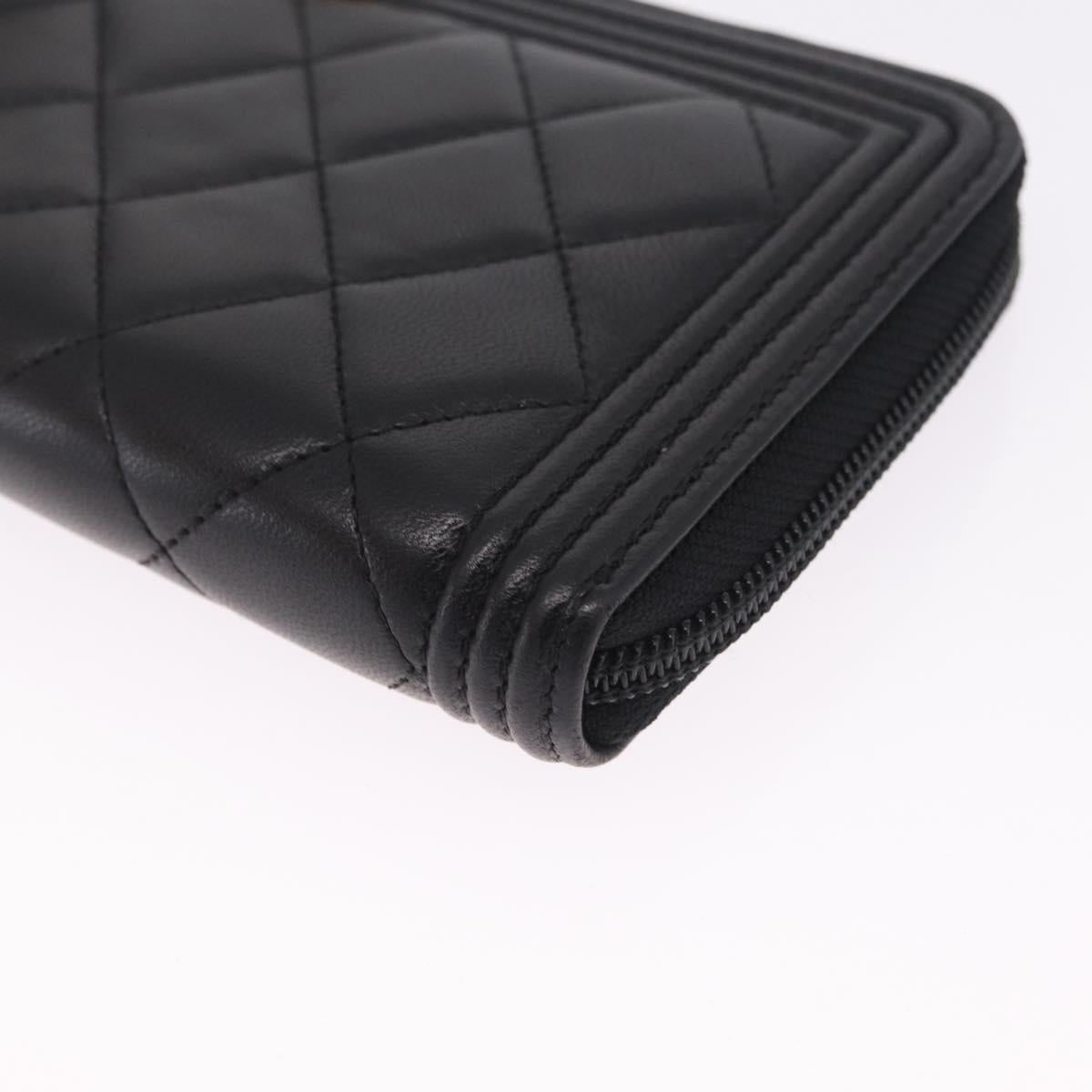 CHANEL Matelasse Boy Chanel Long Wallet Lamb Skin Black Gold CC Auth 210973M