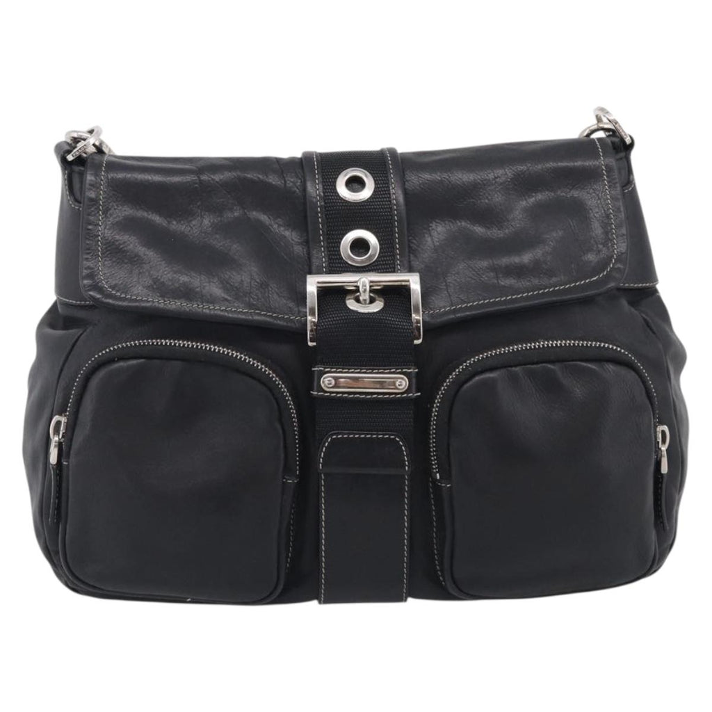 PRADA Shoulder Bag Leather Black Silver Auth 210992V