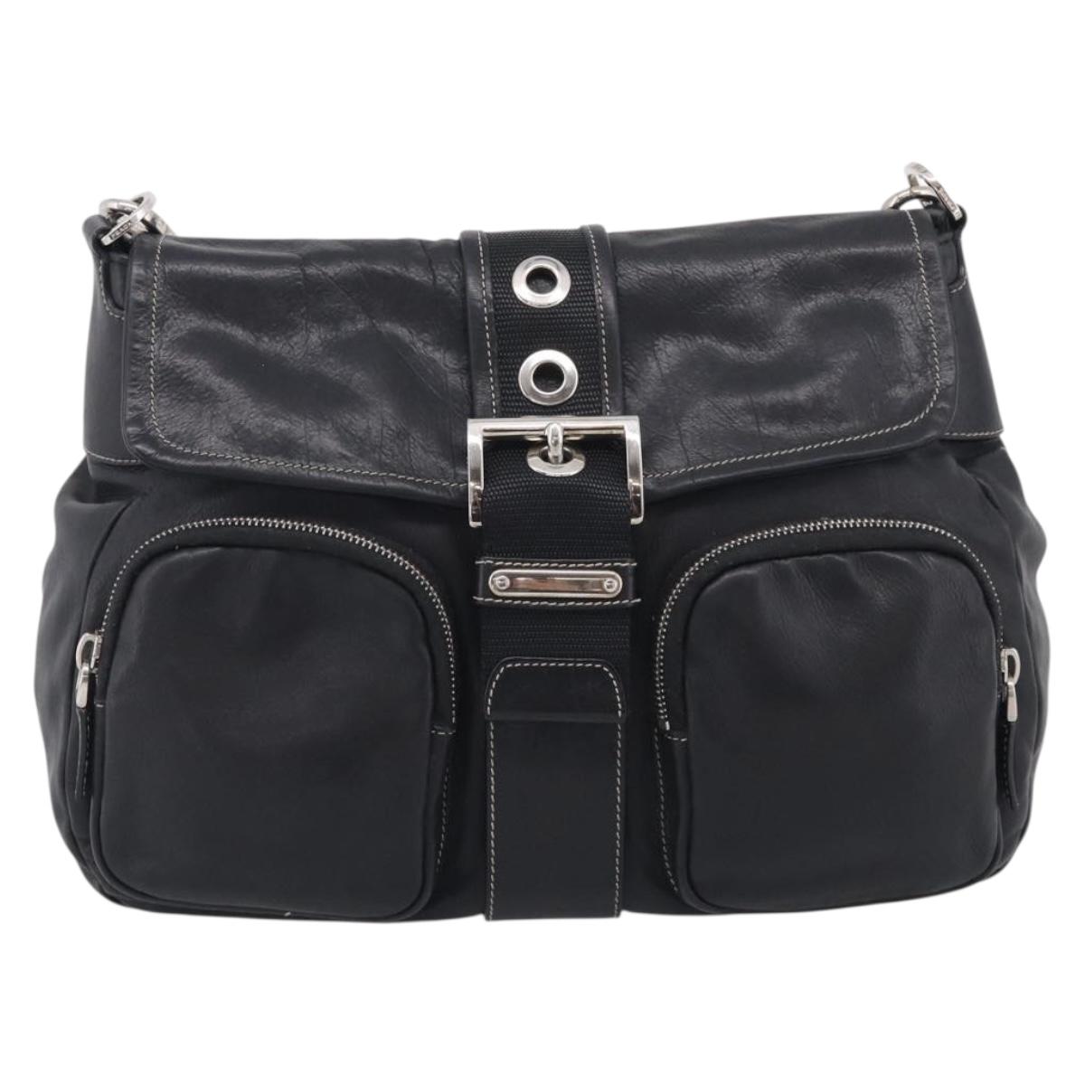 PRADA Shoulder Bag Leather Black Silver Auth 210992V