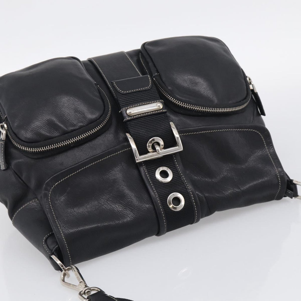 PRADA Shoulder Bag Leather Black Silver Auth 210992V