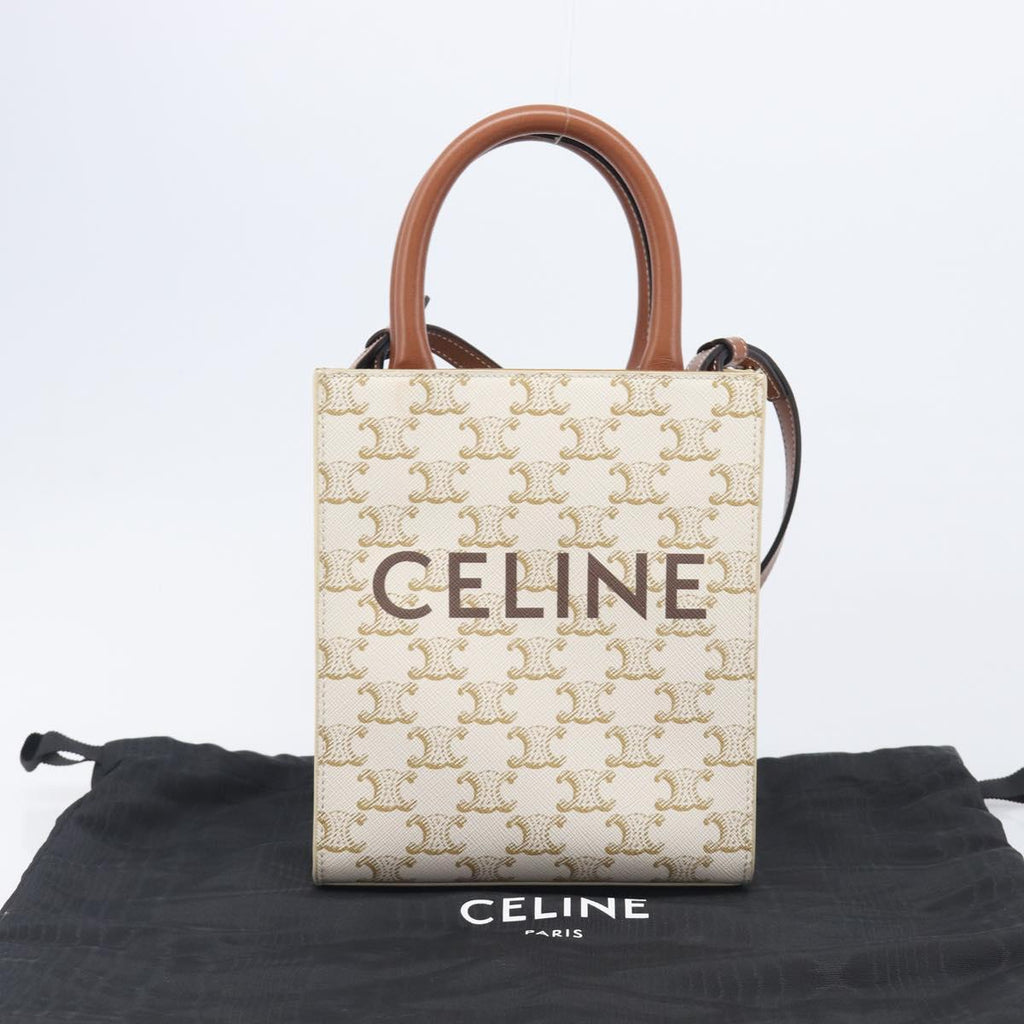 CELINE Triomphe Mini Vertical Cabas Hand Bag PVC 2way Ivory Gold Auth 211067V