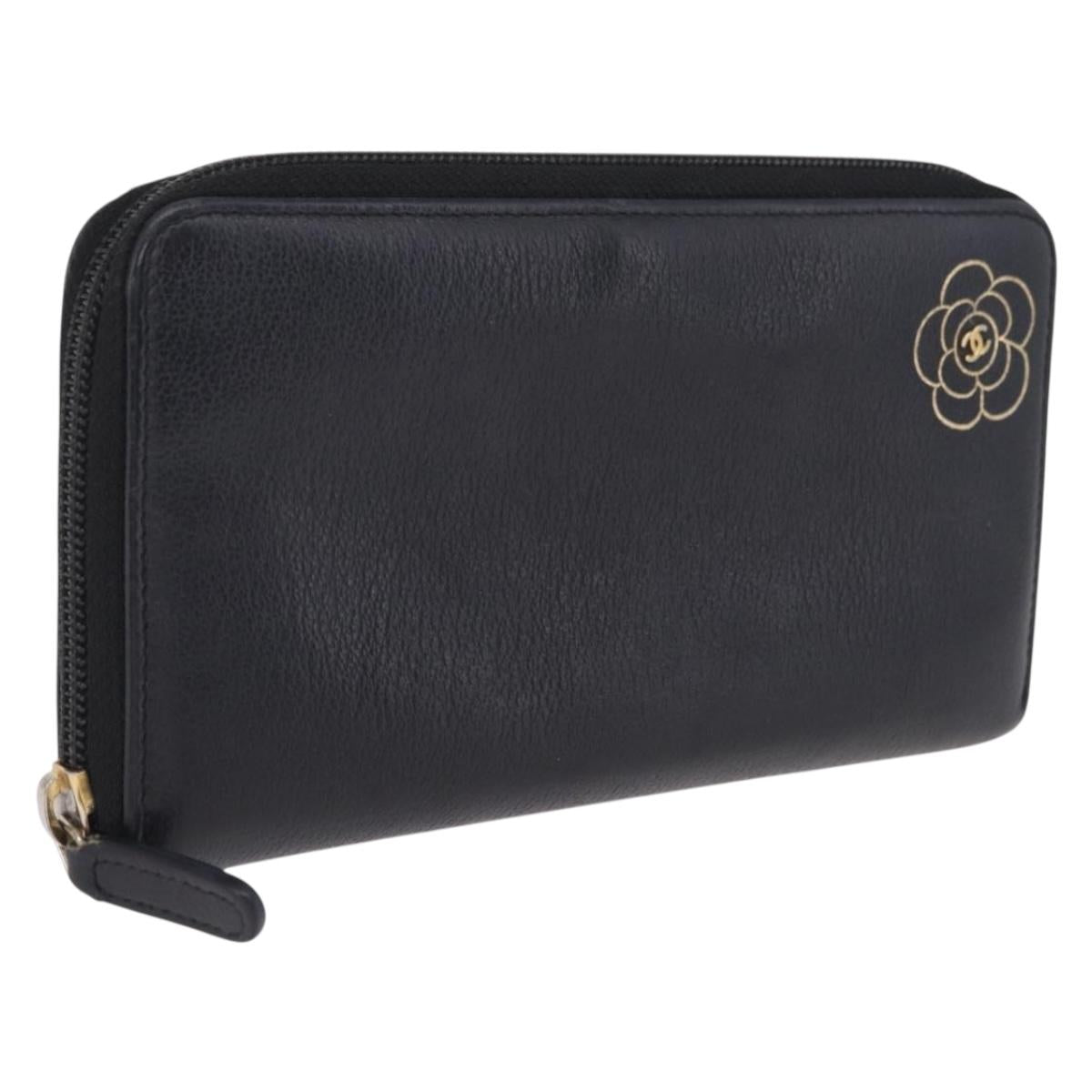 CHANEL Camelia Long Wallet Leather Black Gold Tone CC Auth 211077
