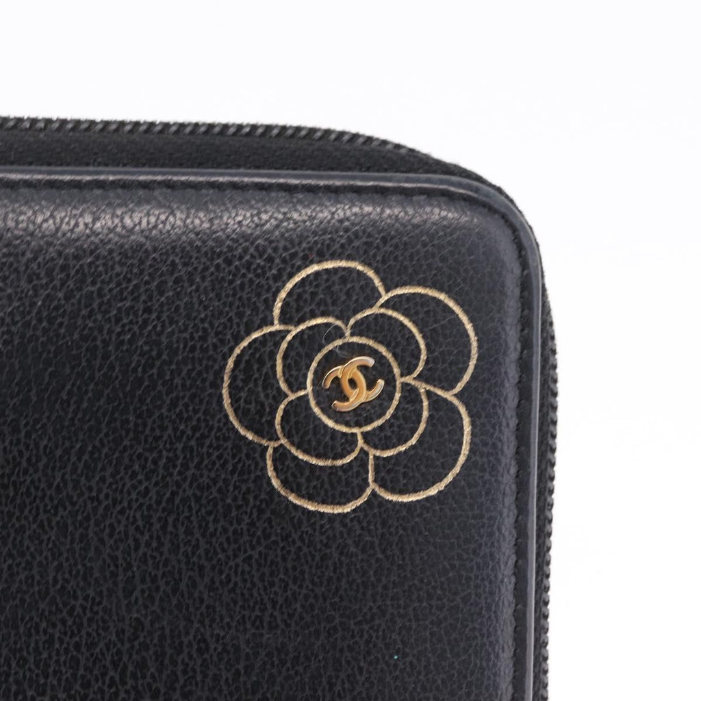 CHANEL Camelia Long Wallet Leather Black Gold Tone CC Auth 211077