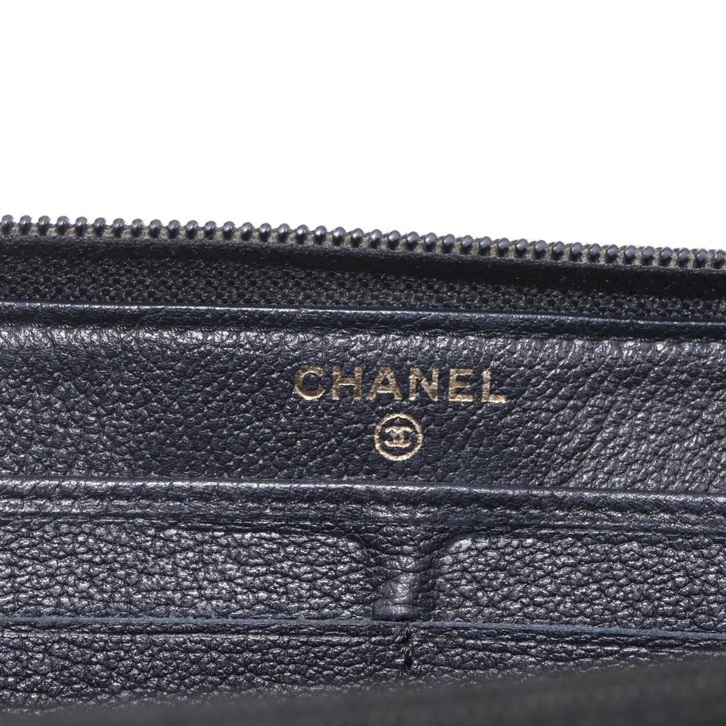 CHANEL Camelia Long Wallet Leather Black Gold Tone CC Auth 211077