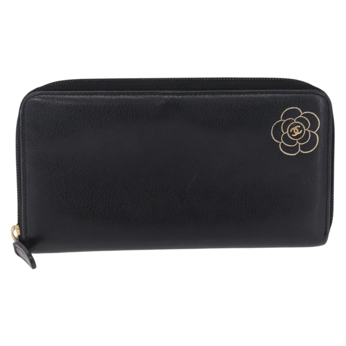 CHANEL Camelia Long Wallet Leather Black Gold Tone CC Auth 211077