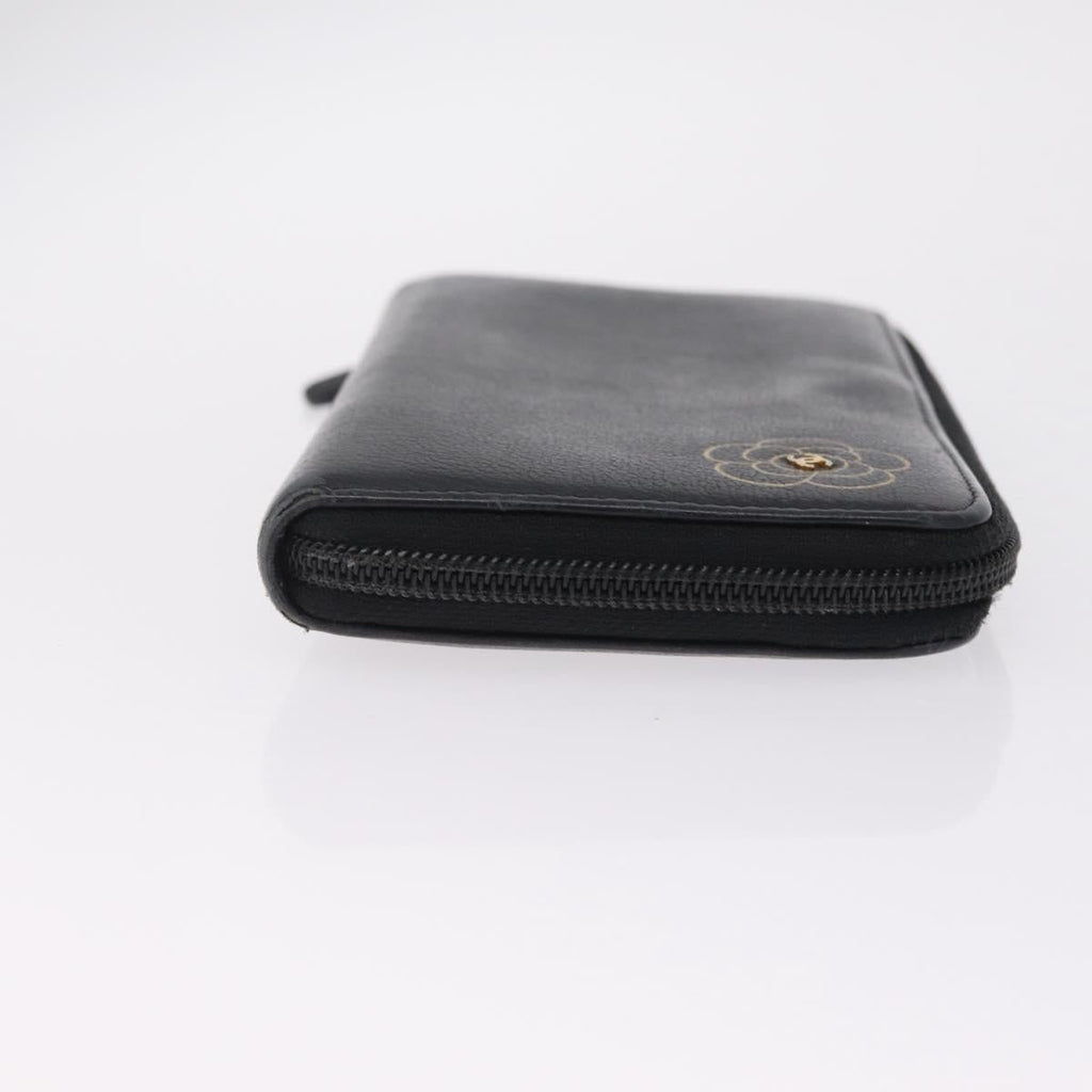 CHANEL Camelia Long Wallet Leather Black Gold Tone CC Auth 211077