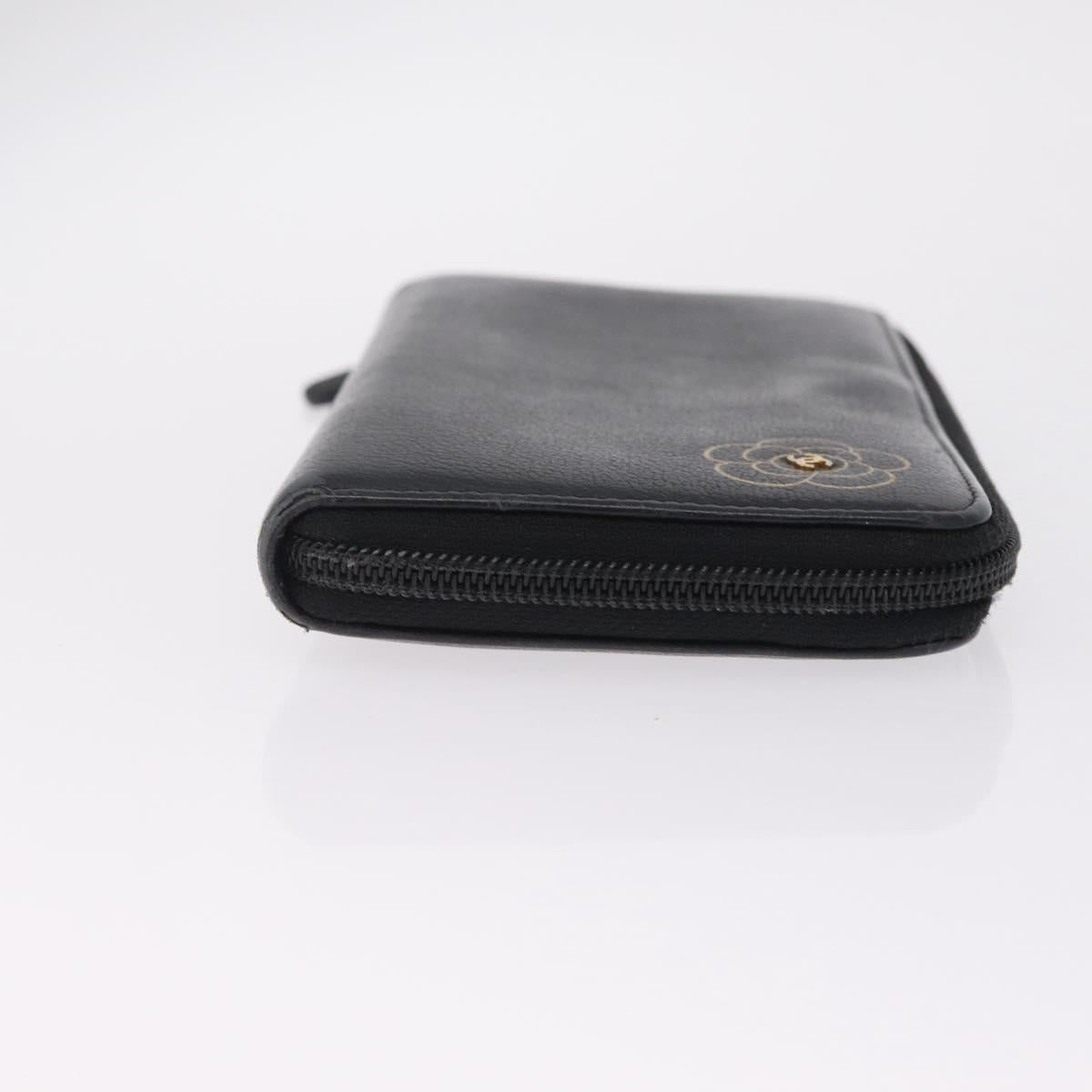 CHANEL Camelia Long Wallet Leather Black Gold Tone CC Auth 211077