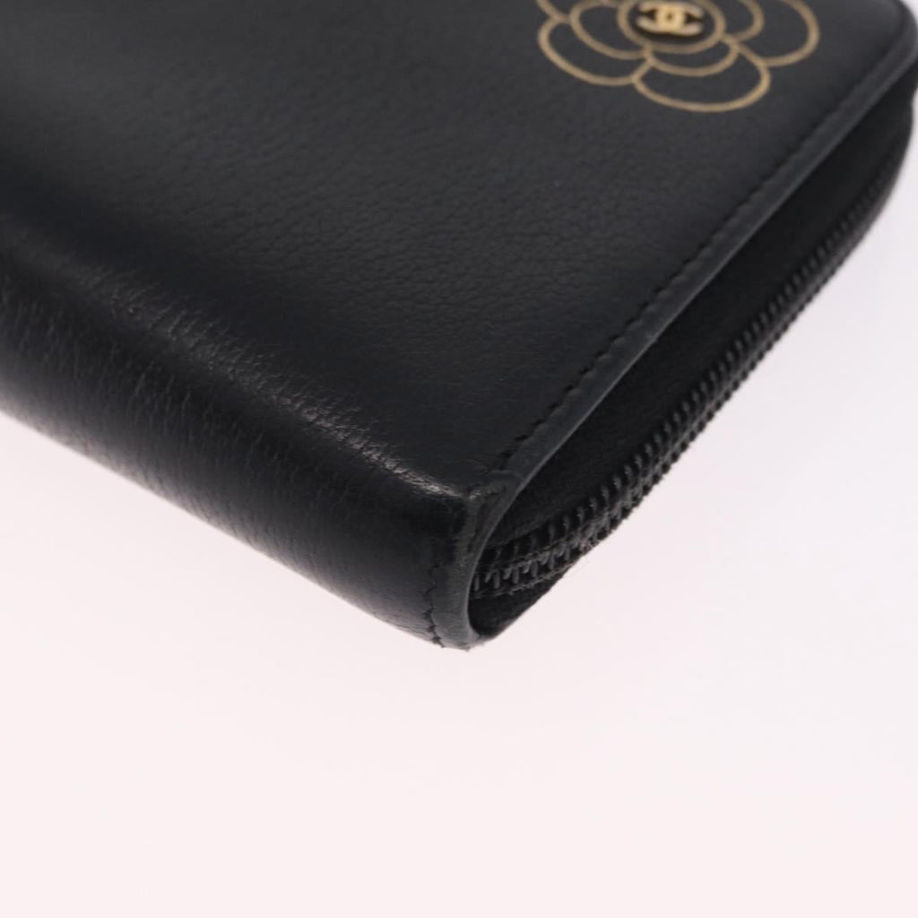 CHANEL Camelia Long Wallet Leather Black Gold Tone CC Auth 211077