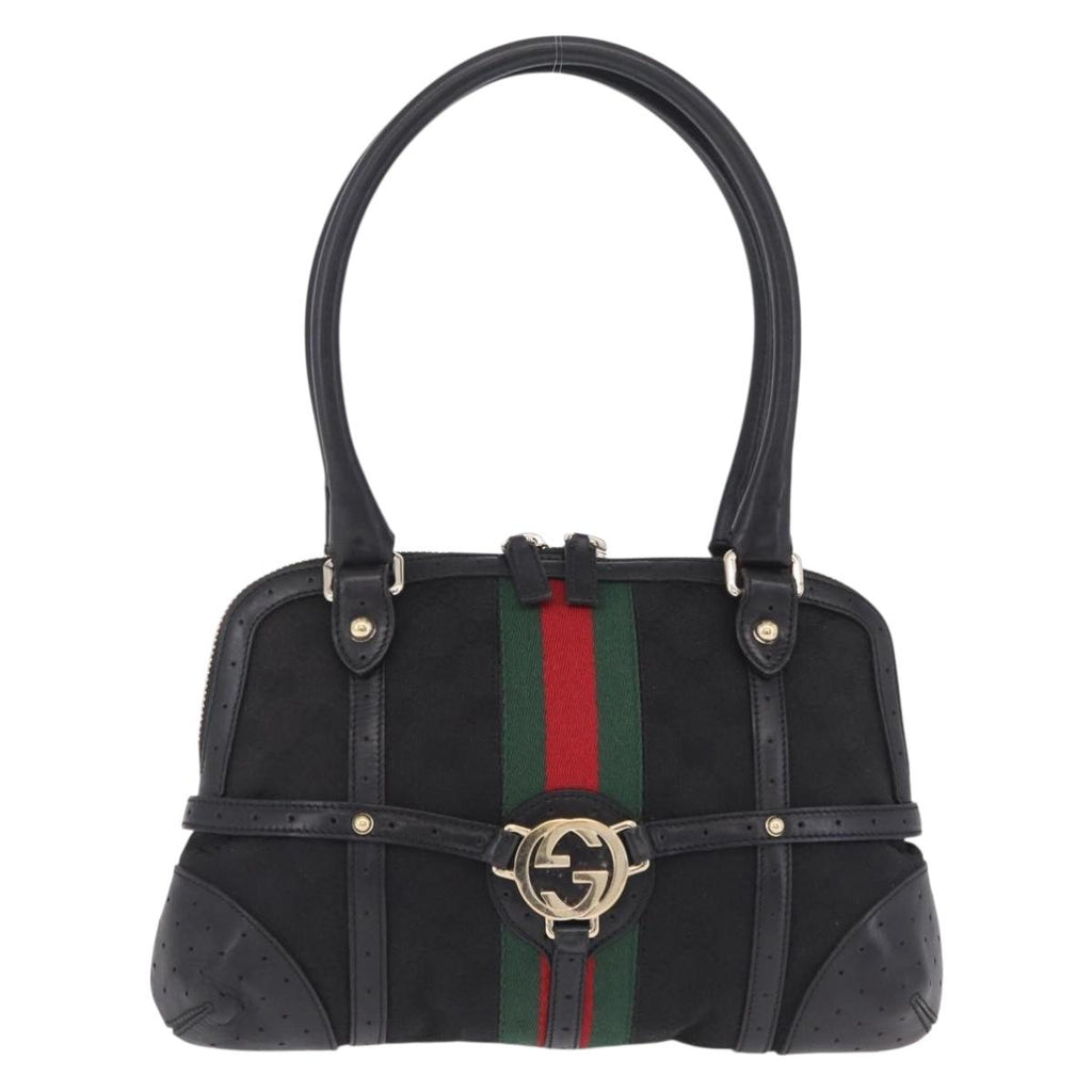 GUCCI Web Sherry Line Hand Bag Leather Black Gold 114882 Auth 211805V