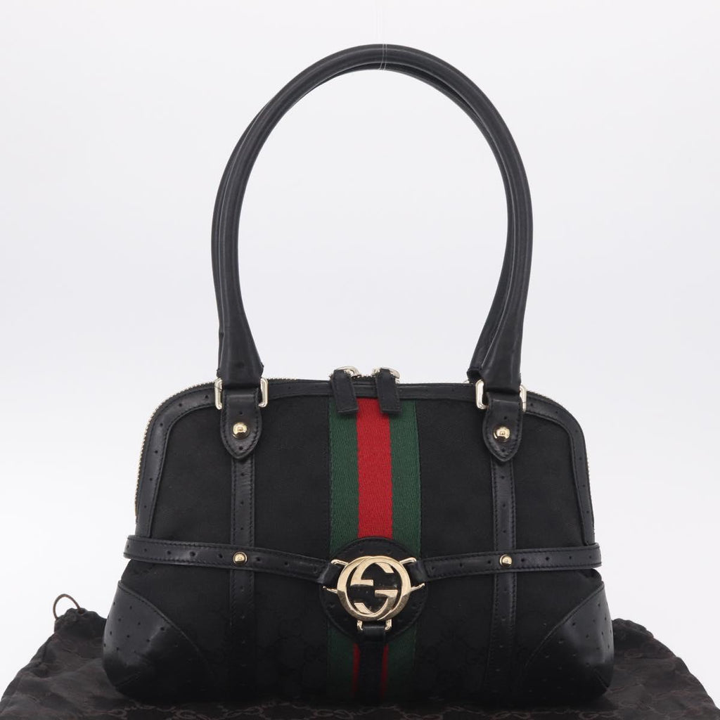 GUCCI Web Sherry Line Hand Bag Leather Black Gold 114882 Auth 211805V
