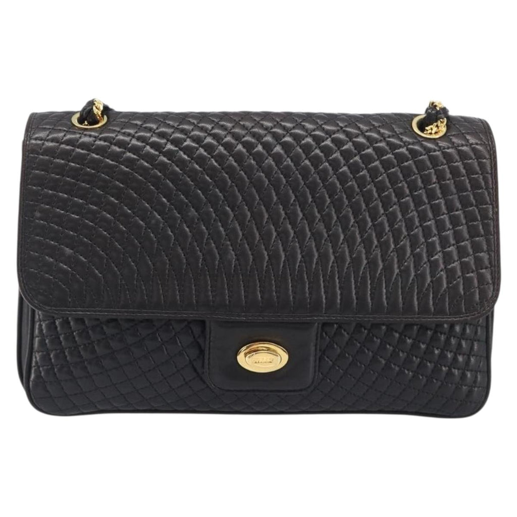 Bally Chain Shoulder Bag Leather Black Gold Auth 211840A
