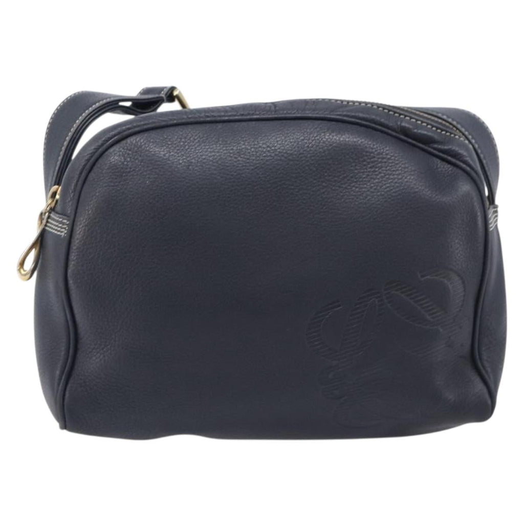 LOEWE Anagram Shoulder Bag Leather Navy Gold Auth 211867A
