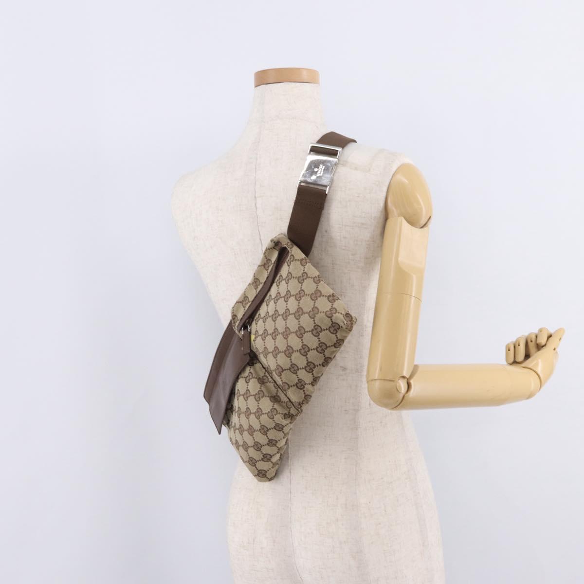 GUCCI GG Canvas Waist Bag Beige Silver 28566 Auth 211883