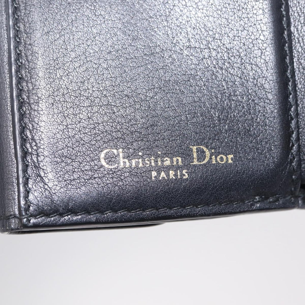 Christian Dior Trifold Wallet Leather Black Gold Auth 211978A