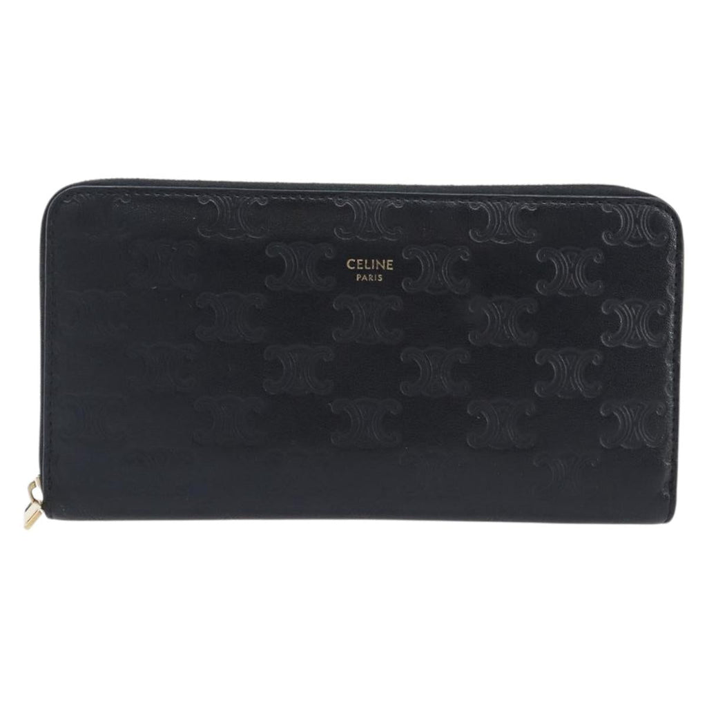 CELINE Triomphe Long Wallet Leather Black Gold Auth 212057M
