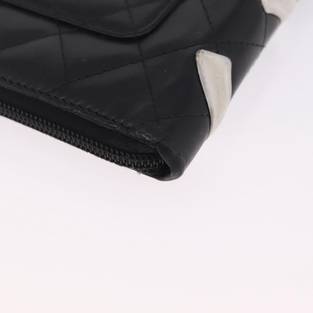 CHANEL Matelasse Cambon Line Long Wallet Lamb Skin Black Silver CC Auth 212124