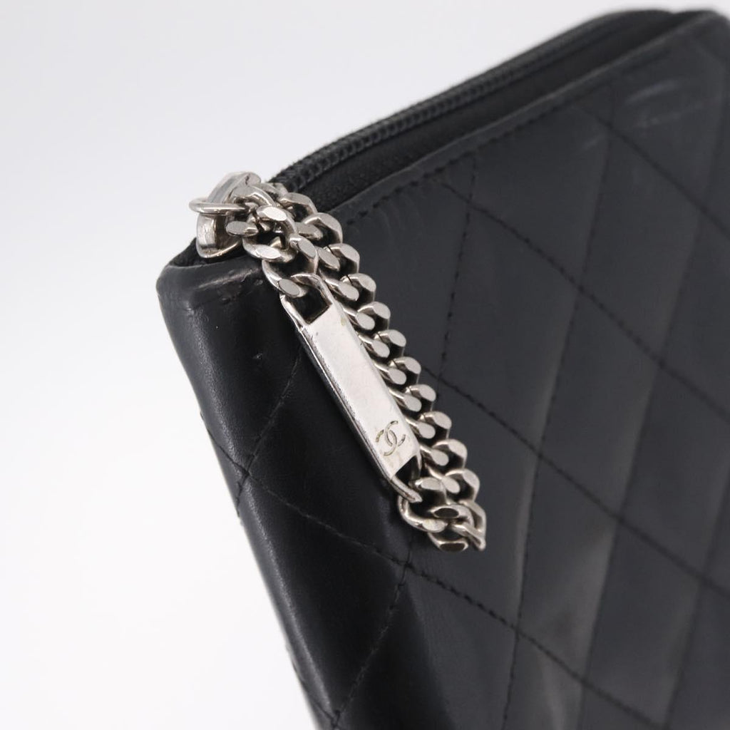 CHANEL Matelasse Cambon Line Long Wallet Lamb Skin Black Silver CC Auth 212124