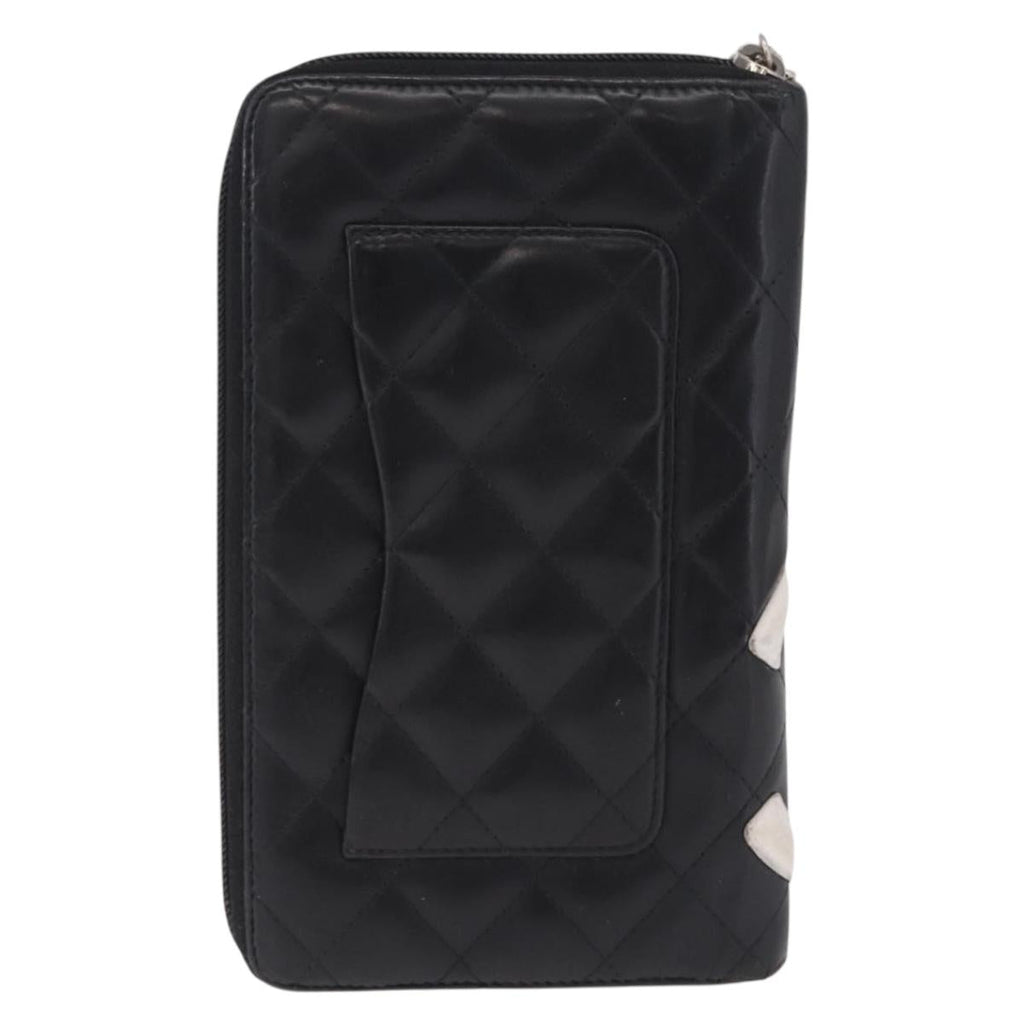 CHANEL Matelasse Cambon Line Long Wallet Lamb Skin Black Silver CC Auth 212124