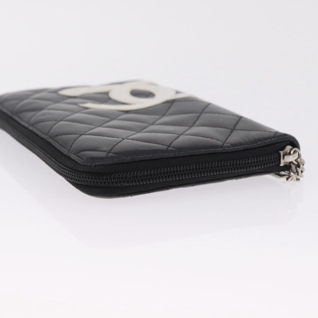 CHANEL Matelasse Cambon Line Long Wallet Lamb Skin Black Silver CC Auth 212124