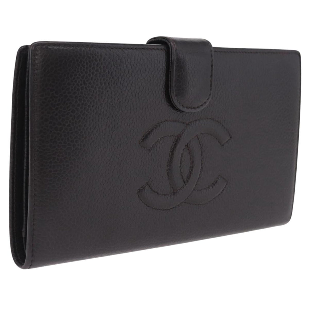 CHANEL Matelasse Long Wallet Caviar Skin Brown CC Auth 212125V