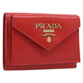 PRADA Trifold Wallet Leather Red Gold Tone Auth 212128M