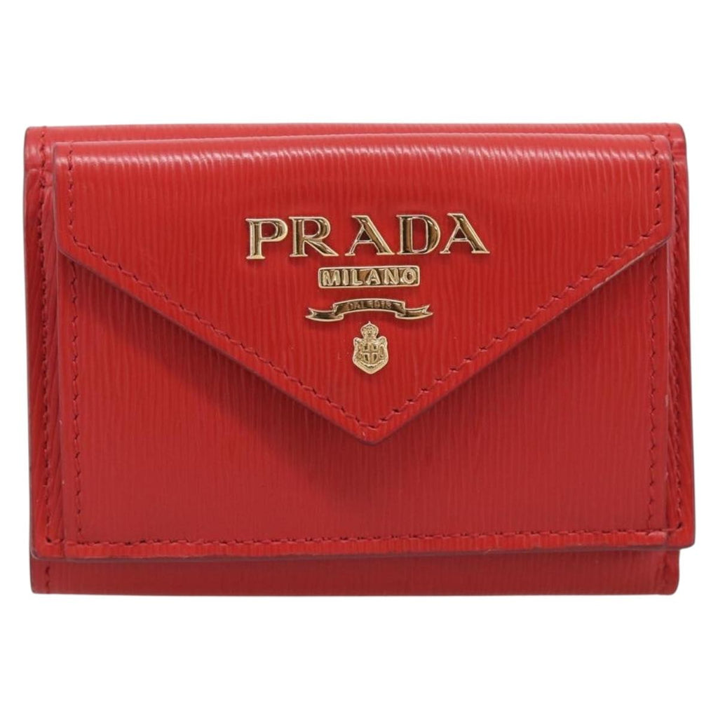 PRADA Trifold Wallet Leather Red Gold Tone Auth 212128M