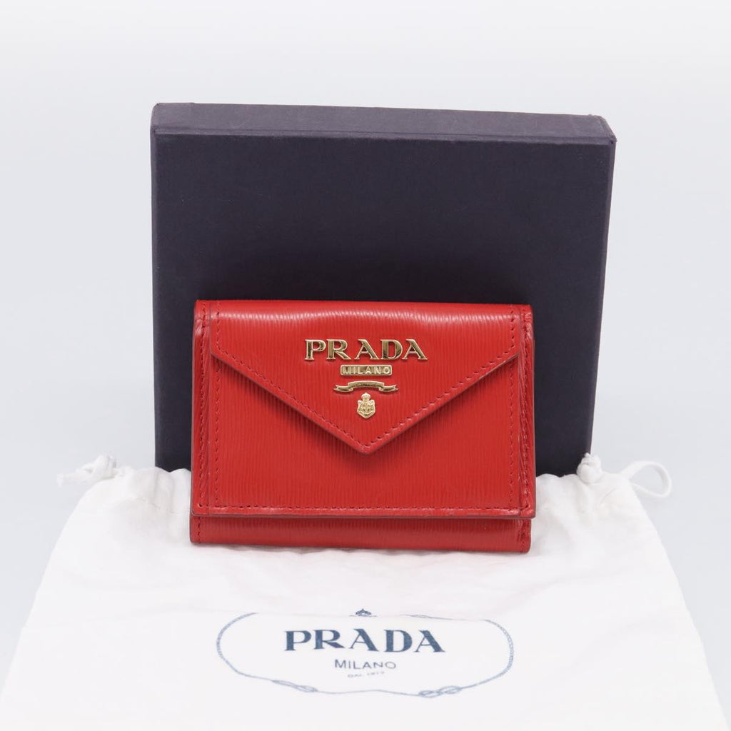 PRADA Trifold Wallet Leather Red Gold Tone Auth 212128M