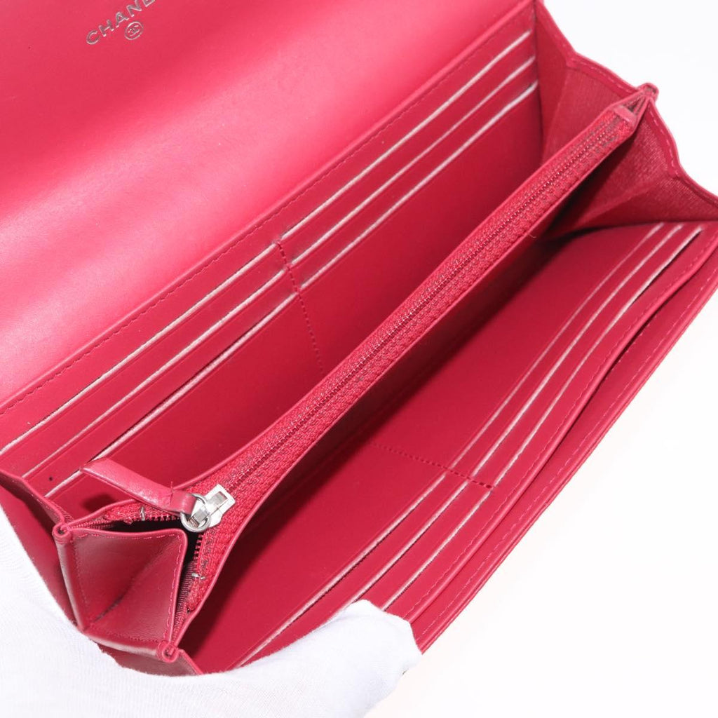 CHANEL Matelasse Long Wallet Caviar Skin Pink Silver CC Auth 212152A