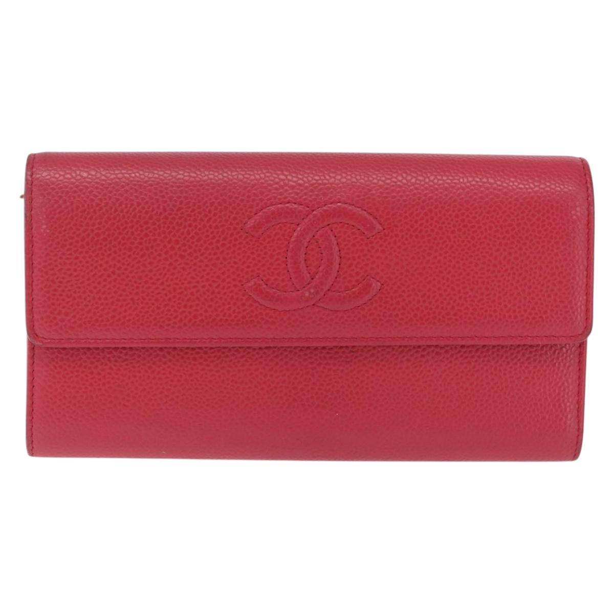 CHANEL Matelasse Long Wallet Caviar Skin Pink Silver CC Auth 212152A