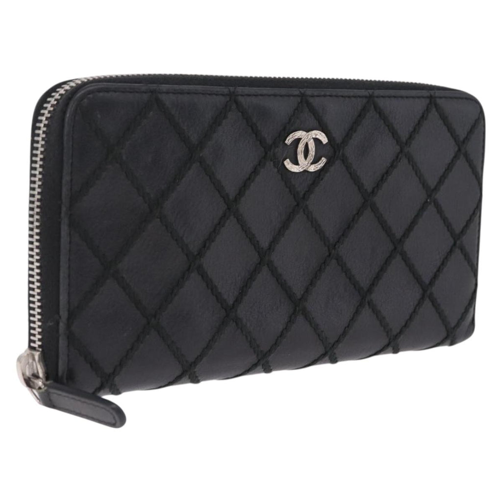 CHANEL Wild Stitch Long Wallet Leather Black Silver CC Auth 212153V