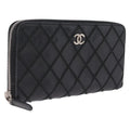 CHANEL Wild Stitch Long Wallet Leather Black Silver CC Auth 212153V