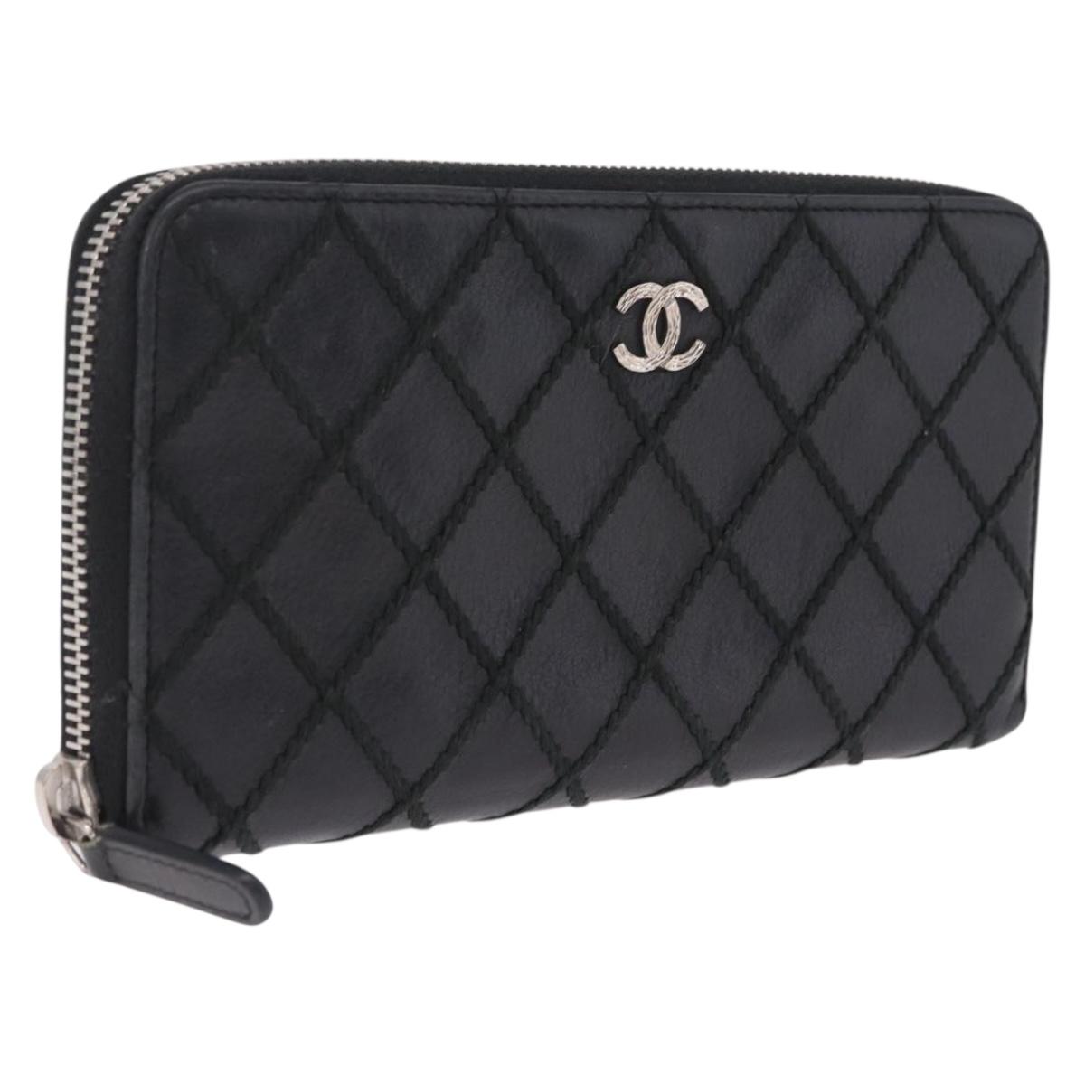CHANEL Wild Stitch Long Wallet Leather Black Silver CC Auth 212153V