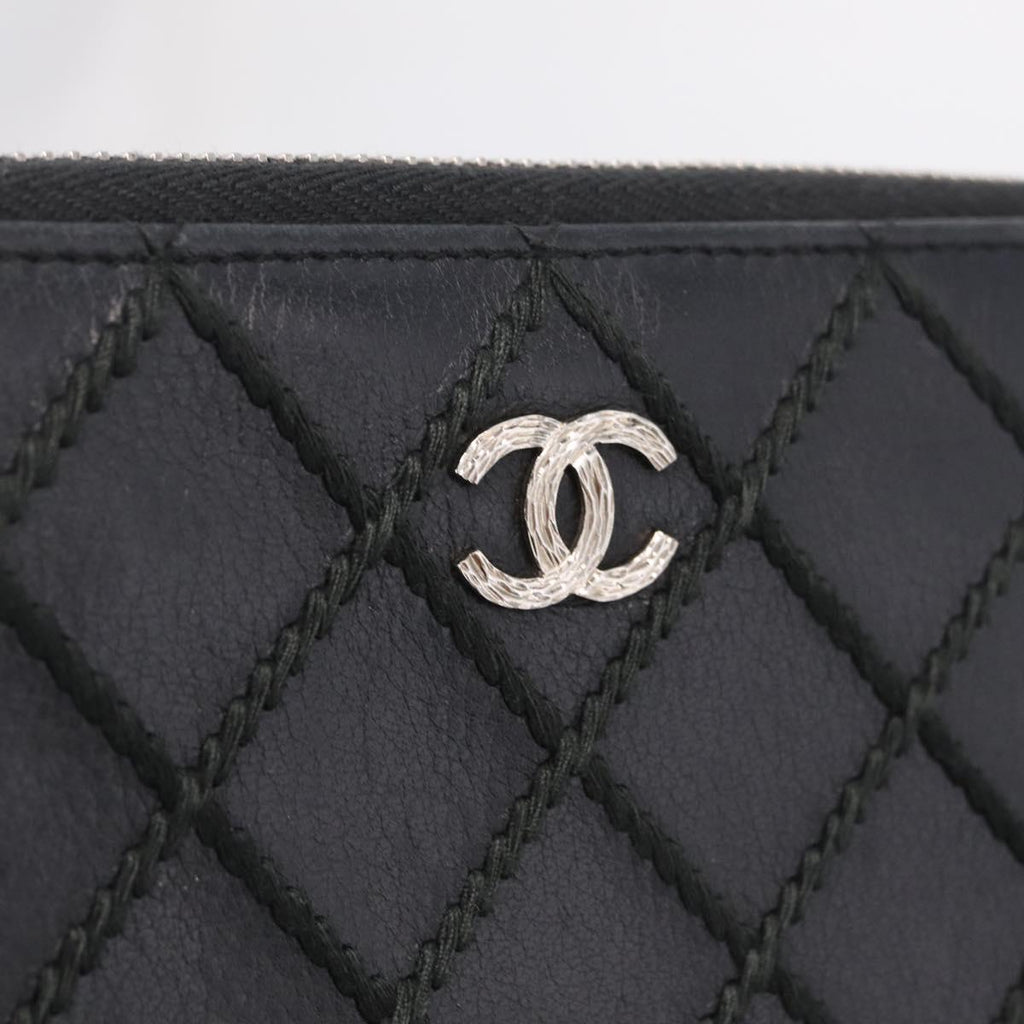 CHANEL Wild Stitch Long Wallet Leather Black Silver CC Auth 212153V