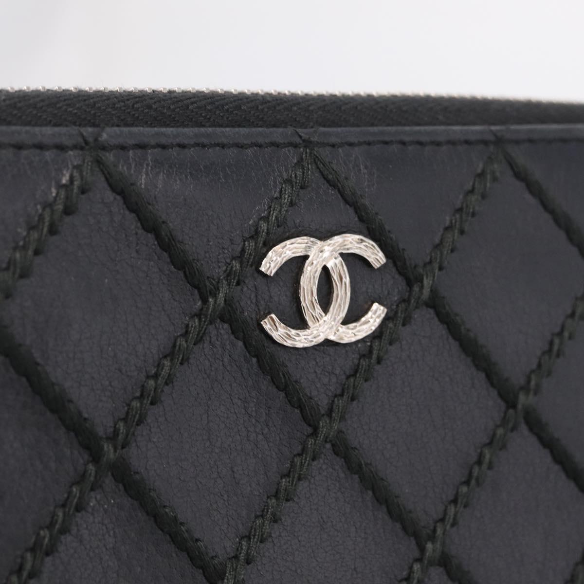 CHANEL Wild Stitch Long Wallet Leather Black Silver CC Auth 212153V
