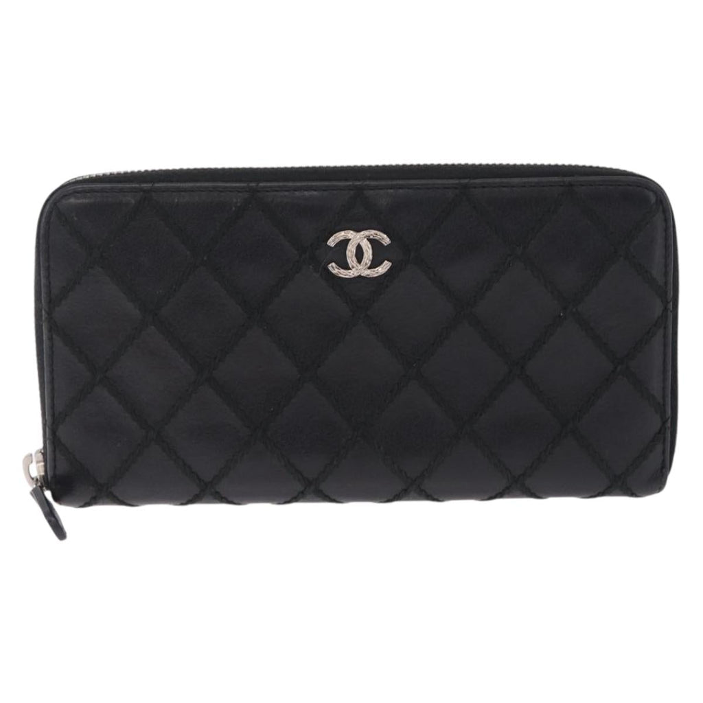 CHANEL Wild Stitch Long Wallet Leather Black Silver CC Auth 212153V