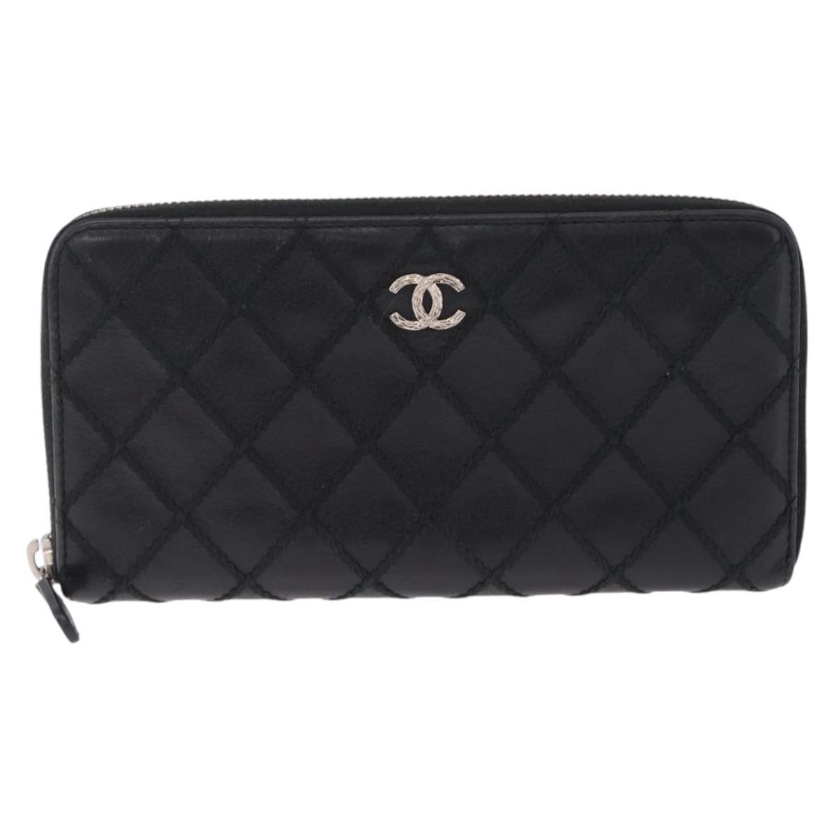 CHANEL Wild Stitch Long Wallet Leather Black Silver CC Auth 212153V