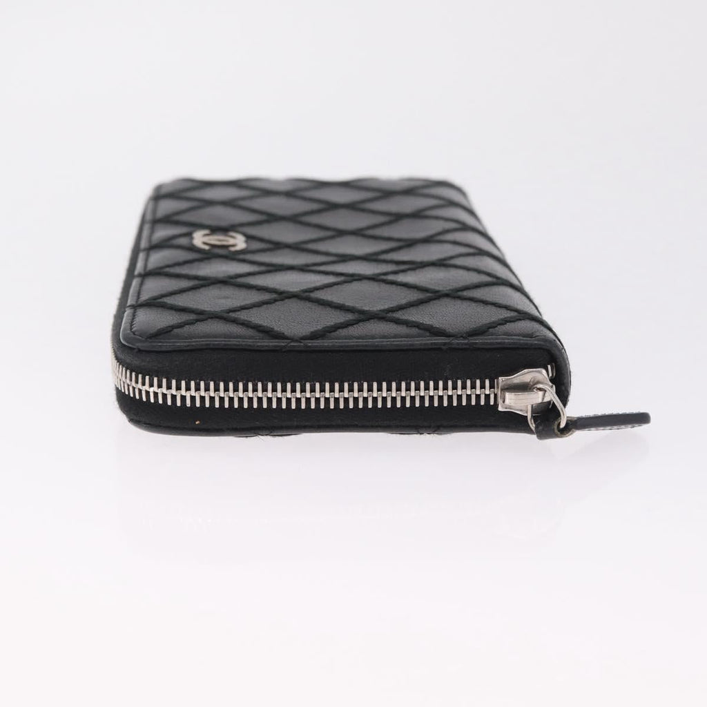 CHANEL Wild Stitch Long Wallet Leather Black Silver CC Auth 212153V