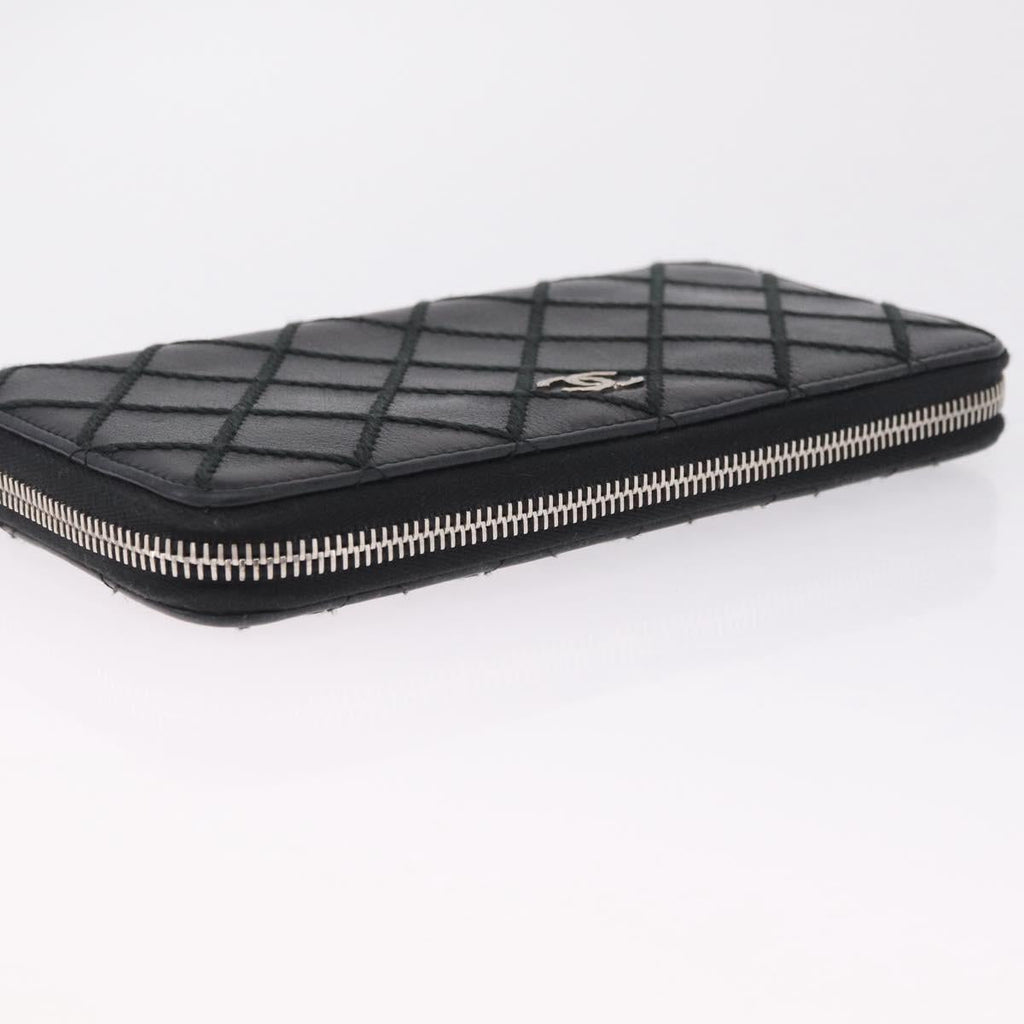CHANEL Wild Stitch Long Wallet Leather Black Silver CC Auth 212153V