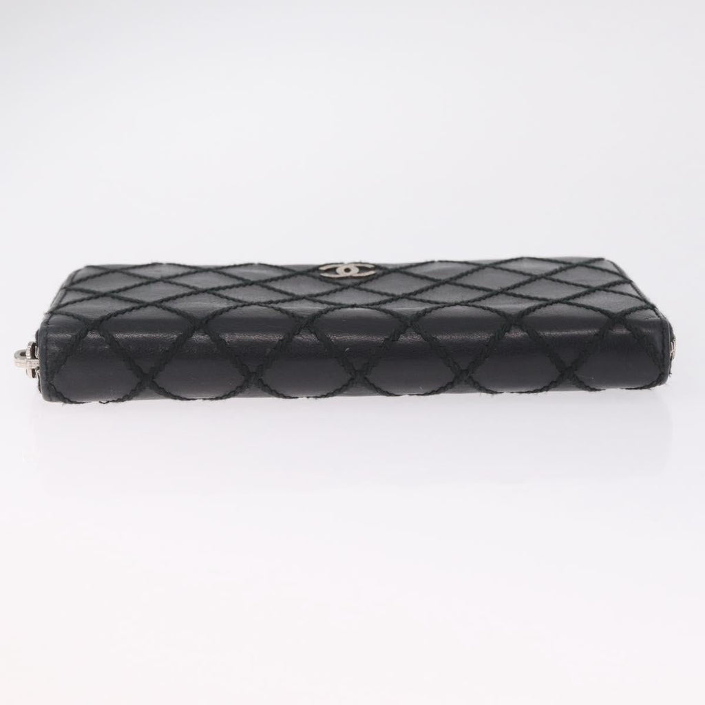 CHANEL Wild Stitch Long Wallet Leather Black Silver CC Auth 212153V