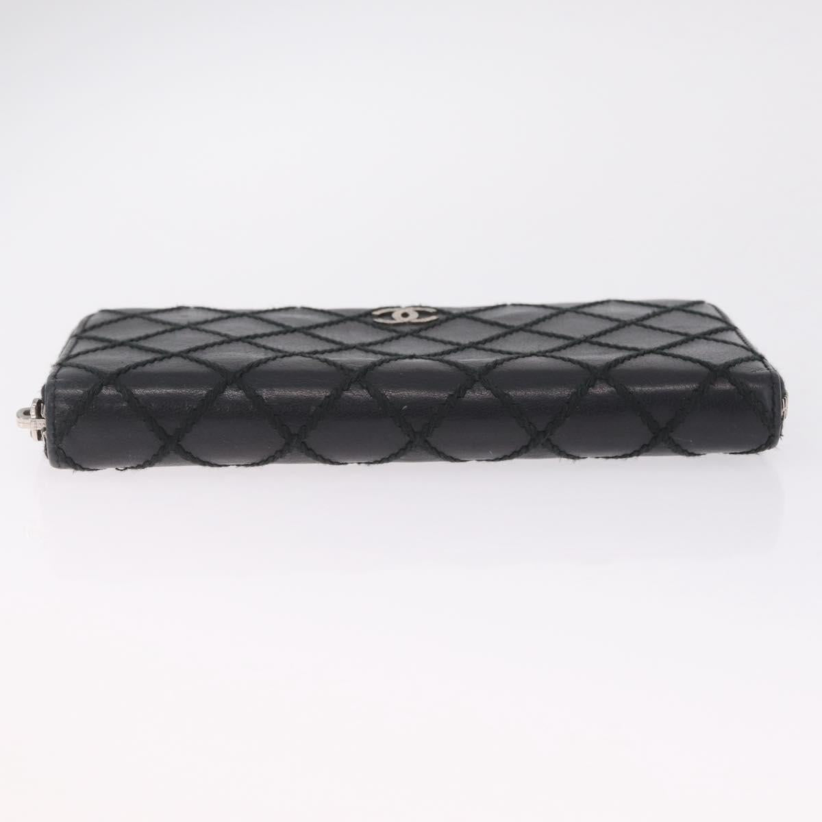 CHANEL Wild Stitch Long Wallet Leather Black Silver CC Auth 212153V