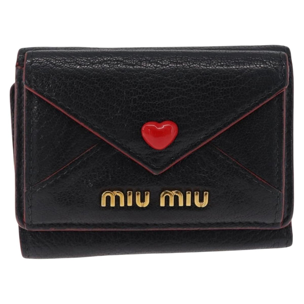 Miu Miu Trifold Wallet Leather Black Gold Auth 212162M