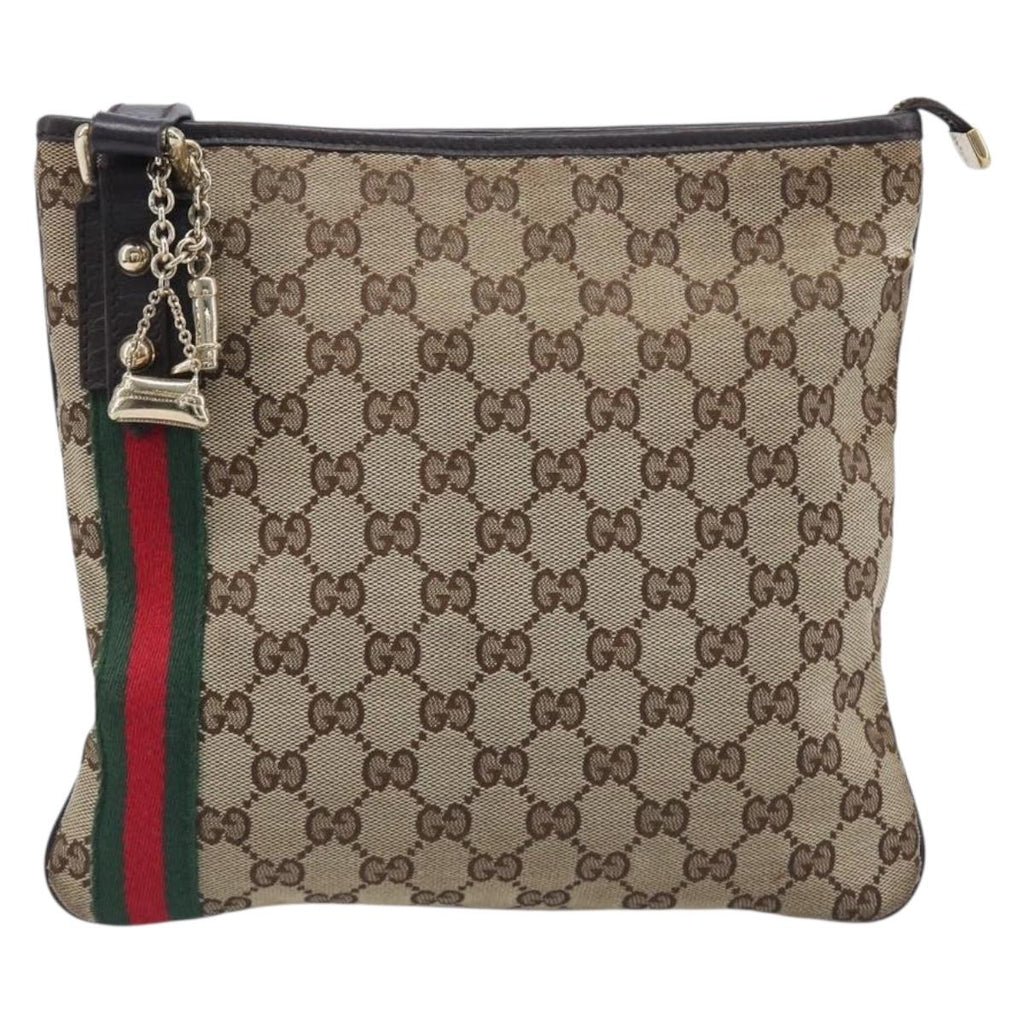 GUCCI GG Canvas Web Sherry Line Shoulder Bag Beige Gold 144388 Auth 213011A